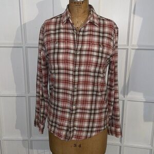 Eddie Bauer Cream Tan and Rust Plaid Men’s Shirt Medium